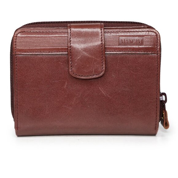 MANCINI Unisex Leather Medium Clutch Wallet Brown Plaid Lining Travel - Picture 1 of 10